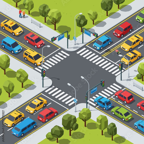Busy intersection with cars, traffic lights, and pedestrians in a city