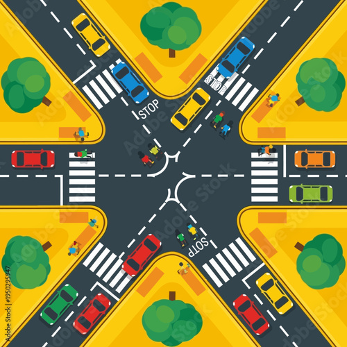 Busy intersection with cars, traffic lights, and pedestrians, urban traffic flow