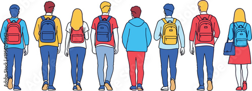 Students walking with backpacks back view illustration, diverse school and college students group, education lifestyle concept, youth campus life vector