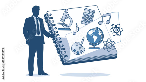 Silhouette of Learning: A stylized illustration depicting a silhouette of a person presenting a notebook with educational elements like a microscope, musical notes, and a globe.