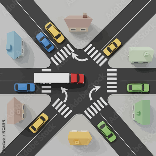Busy intersection with cars, truck, and houses, aerial view