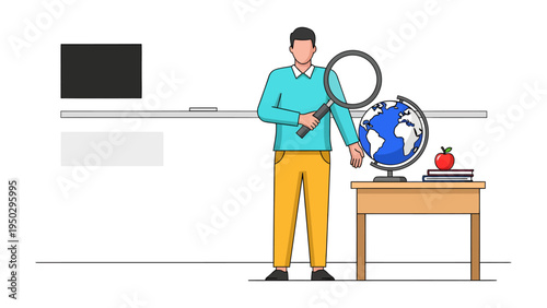 Education and Exploration: An instructor holding a magnifying glass next to the globe, in a vibrant classroom setting. 