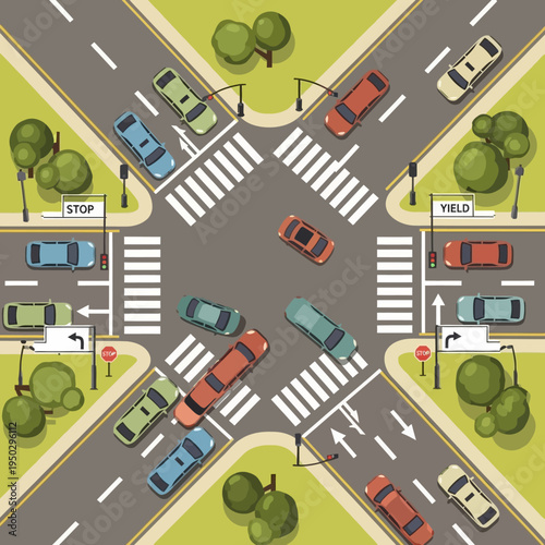 Busy intersection with traffic jam, cars waiting at stop and yield signs, traffic lights.