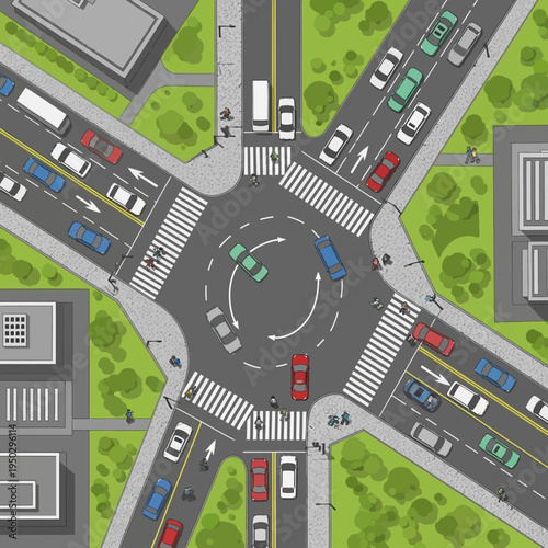 Busy roundabout intersection with cars, traffic, and pedestrians