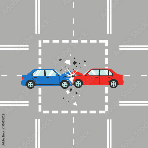 Car accident at intersection: blue and red cars collide, debris flying.