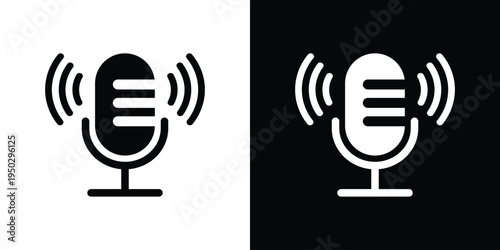 Retro microphone icon with radio waves representing live broadcasting, recording, or voice activation. Dynamic black and white style for podcasts, radio, and streaming media.