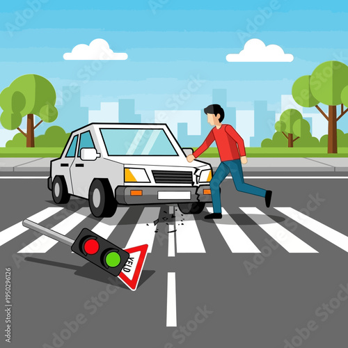 Car accident at crosswalk: driver hits traffic light and pedestrian crossing