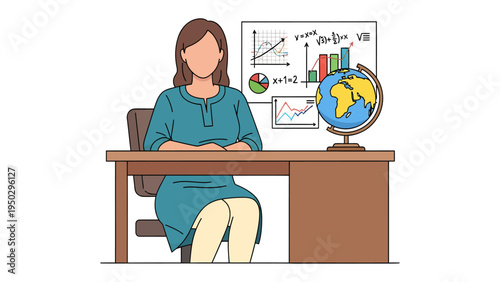 Teacher at the Desk: Illustration of a teacher sitting at a desk in a classroom setting, surrounded by educational materials.
