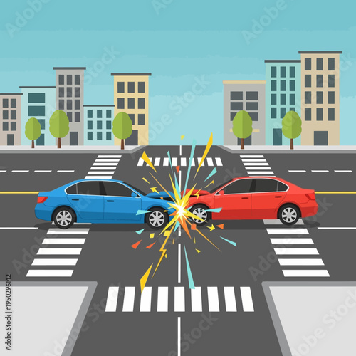 Car Accident at Intersection: Collision of Blue and Red Cars