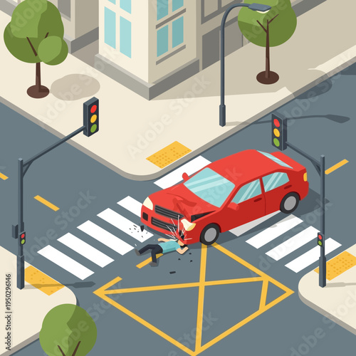 Car Accident at Intersection: Red Car Hits Pedestrian on Crosswalk