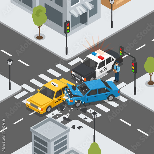Car accident at intersection with police car, taxi, and damaged vehicles.
