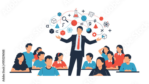 Brainstorming in Lecture: An instructor is explaining scientific concept and leading in education. a symbol of knowledge creation and sharing