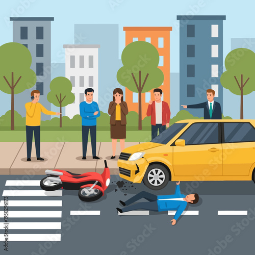 Car accident at intersection: motorcycle crash, injured driver on road, concerned onlookers