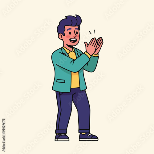 Man in teal jacket clapping hands in approval or celebration