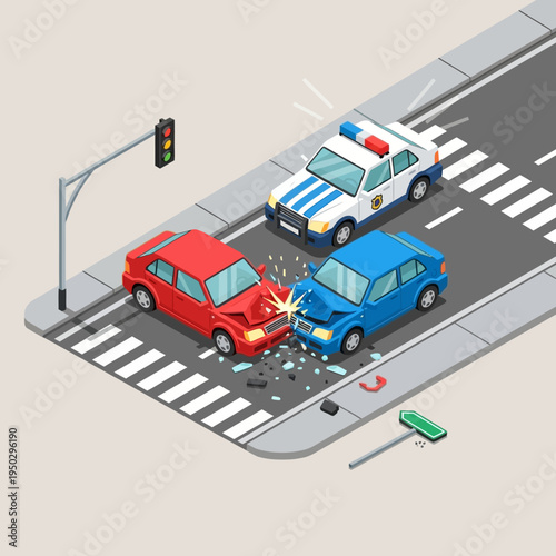 Car accident at intersection with police car responding, traffic light, and road signs.