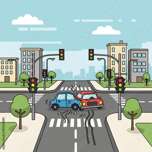 Car accident at intersection with traffic lights and crosswalk