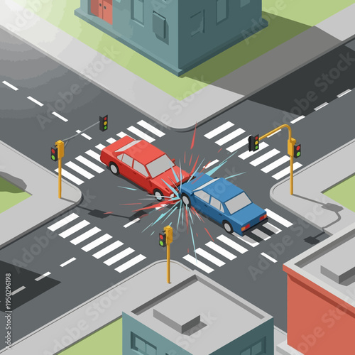 Car accident at intersection, collision between red and blue cars, traffic lights, crosswalk