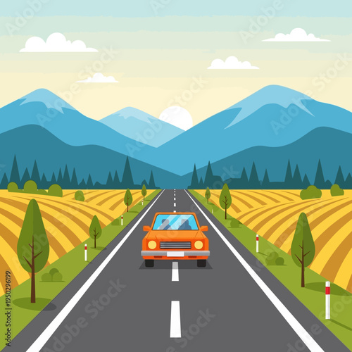 Orange car driving on a scenic highway through golden fields towards mountains at sunset