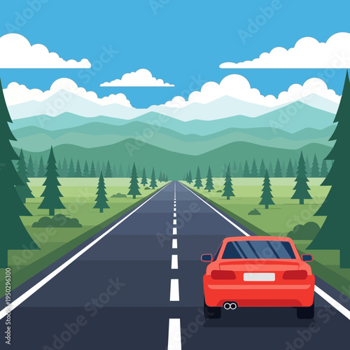 Red car driving on scenic highway through mountains and pine forest, road trip travel