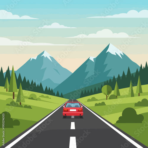 Red car driving on scenic mountain road, surrounded by green landscape and pine trees.