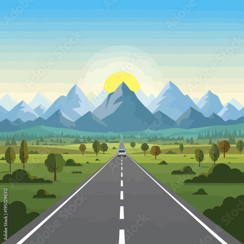 Road trip to mountains at sunrise, car driving on highway through green landscape