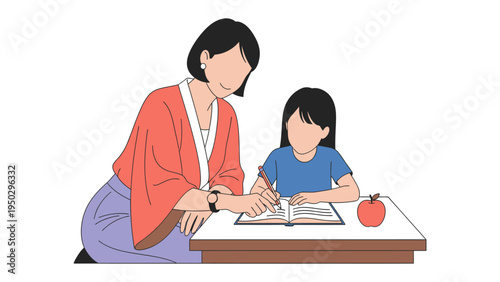 Tutor's Guidance: A supportive tutor guides a young student, assisting with a lesson at a desk, fostering a positive learning environment and the child is very focus on their study.