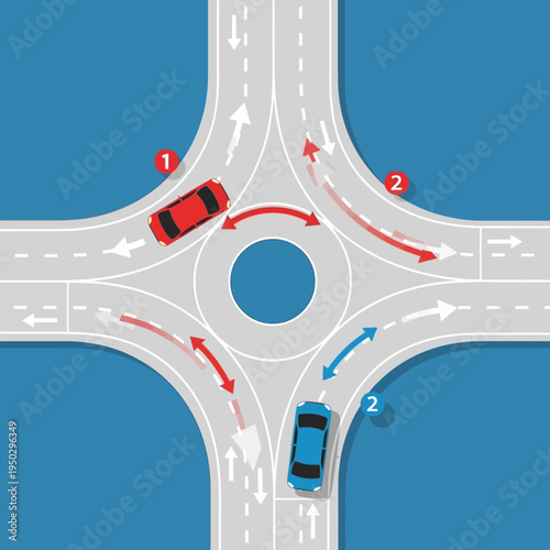 Roundabout traffic flow: cars navigating a modern circular intersection with lane markings