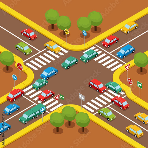 Busy Intersection Traffic Jam: Cars Waiting at Crosswalks and Traffic Lights