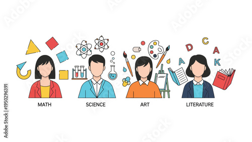 Knowledge Spectrum: Illustration of various fields, with individuals representing math, science, art, and literature, symbolizing the diverse realms of education and intellectual exploration.
