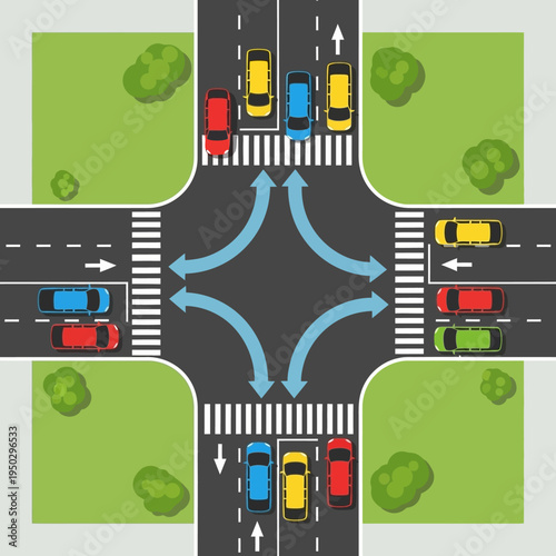 Busy intersection with cars and traffic lights, urban traffic flow, city crossroads