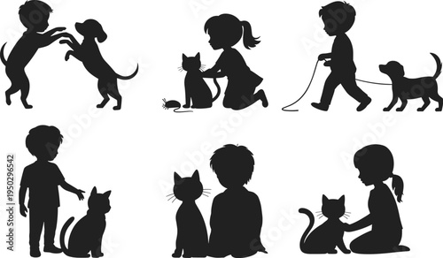 Children playing with pets silhouettes collection, kids with dogs and cats isolated vector illustration set