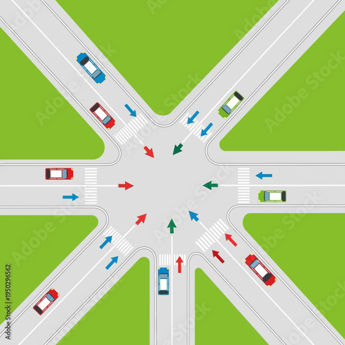 Busy intersection with cars and traffic lights, urban traffic flow, crossroads, city street