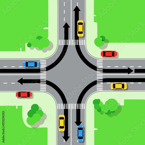 Busy intersection with cars and traffic lights, urban traffic flow, road junction, city street