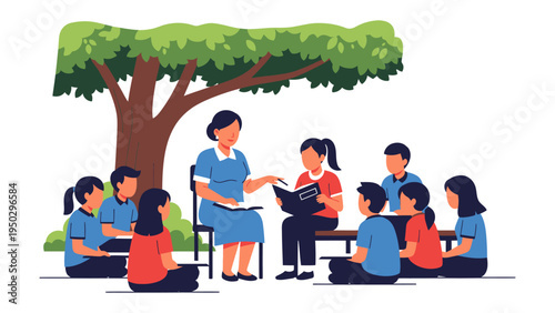 Storytime Under the Tree: An illustrated scene of a teacher captivating a circle of attentive children with a book under the sheltering branches of a leafy tree.