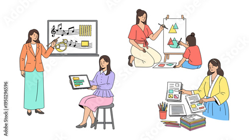 Diverse Teaching Moments: A collection of educators engaging in various learning activities, each scene highlighting the dynamic role of the instructors in fostering growth.