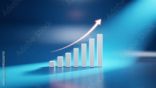 White bars with rising arrow on blue background showing growth trend
