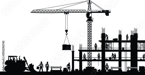 Construction site panorama cad drawing flat vector illustration with tower crane, bulldozer, building frame, and worker silhouettes isolated on white.