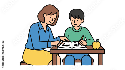 Mentorship in Education: A focused scene of a teacher and student engaged in a learning session, with the mentor guiding the child in a book-based lesson.