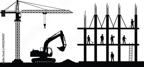 Construction site set cad drawing flat vector illustration with tower crane, excavator, building frame, and worker silhouettes isolated on white.
