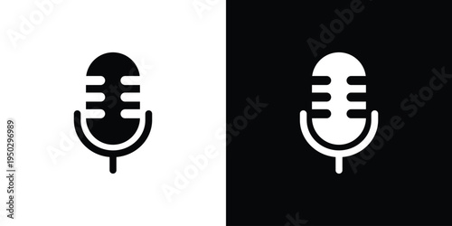 Minimalist outline microphone icon set on white and black backgrounds. Simple vector linear design for voice record, podcast, and audio interface. Clean stroke style for modern app UI.