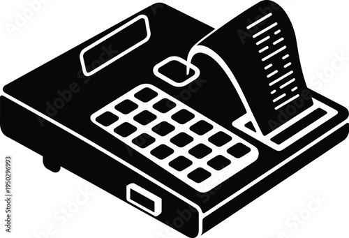 Cash register with receipt paper roll, retail payment machine icon, point of sale system, cashier device, shop billing concept