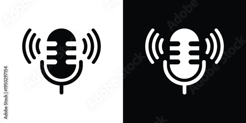 Minimalist outline microphone icon with signal rays. Vector linear design for live streaming, active voice recording, and podcasting. Modern UI element for web and mobile app interfaces.