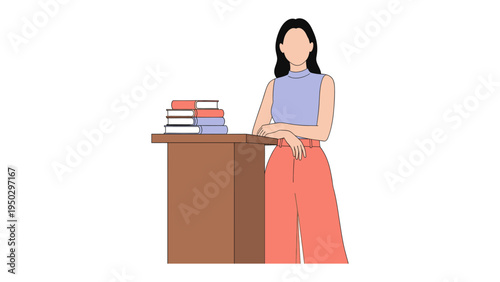 Education and Knowledge: A silhouette of a woman stands confidently near a stack of books, personifying knowledge. An ideal image for education, research, and learning concepts.