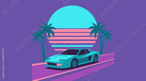 A vibrant synthwave illustration featuring a teal sports car driving on a road with palm trees against a striped sunset and purple sky.