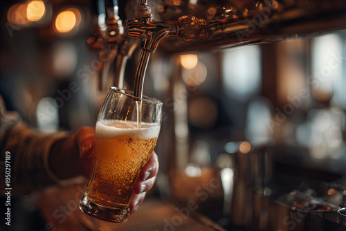 Pouring Fresh Tap Beer in a Bar - Hand Holding Glass, Amber Liquid, Warm Atmosphere, Crafted