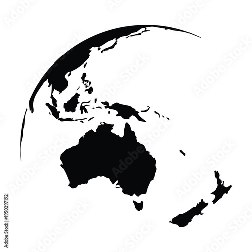 Black and White Oceania Earth Silhouette Featuring Australia, New Zealand and Pacific Region – Modern Vector Map Icon for Travel, Education, Digital Contents and Global Design Projects. 