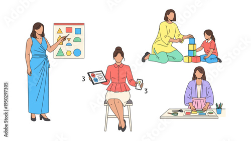 Diverse Portraits of Everyday Women: A collection of illustrations showcasing women engaged in various activities, embodying different facets of daily life, including education, care, work.