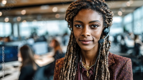 Customer service representative working at a call center during the day with staff in the background
