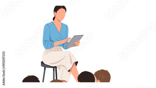 Digital Guidance: A serene mentor, focused and composed, imparts knowledge via a digital tablet to her attentive audience. A moment of professional, seamless learning and instruction.