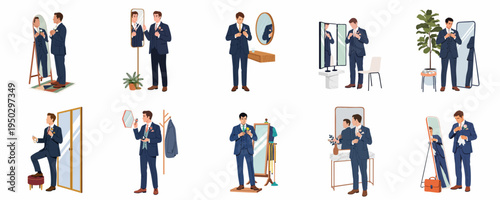 Set of flat vector illustrations of a groom or businessman in a navy suit getting ready and looking in the mirror.